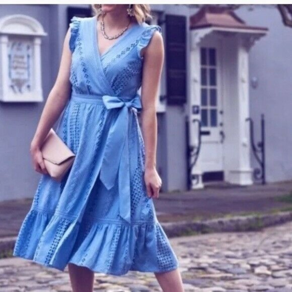 J.CREW Dresses & Skirts - J.Crew Blue All Over Cotton Eyelet Wrap Dress 10